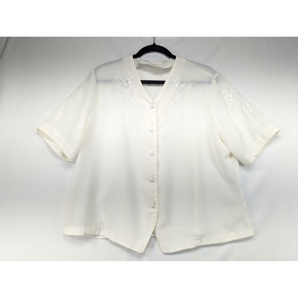 Christie & Jill Ivory Embroidered Short Sleeve Button Up‎ Blouse Size 16 Floral